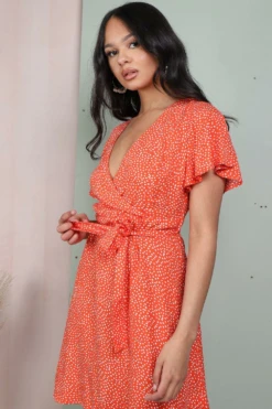 Lilura London Wrap Front Mini Dress In Orange Polka Dot -Liquosmi Store F66lECCf 10599