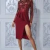 Goddiva Sequin Bodice With Front Frill Midi Dress - Wine