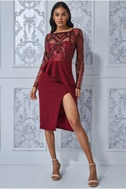 Goddiva Sequin Bodice With Front Frill Midi Dress - Wine