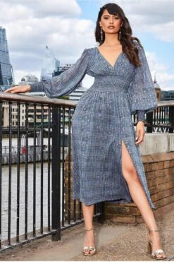 Goddiva Long Sleeve Midi Shirred Waistband - Check Print