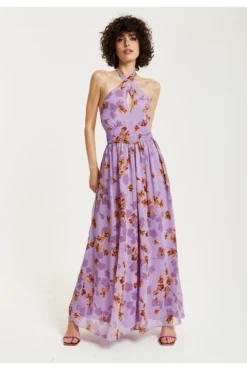 Liquorish Purple Floral Halter Neck Dress