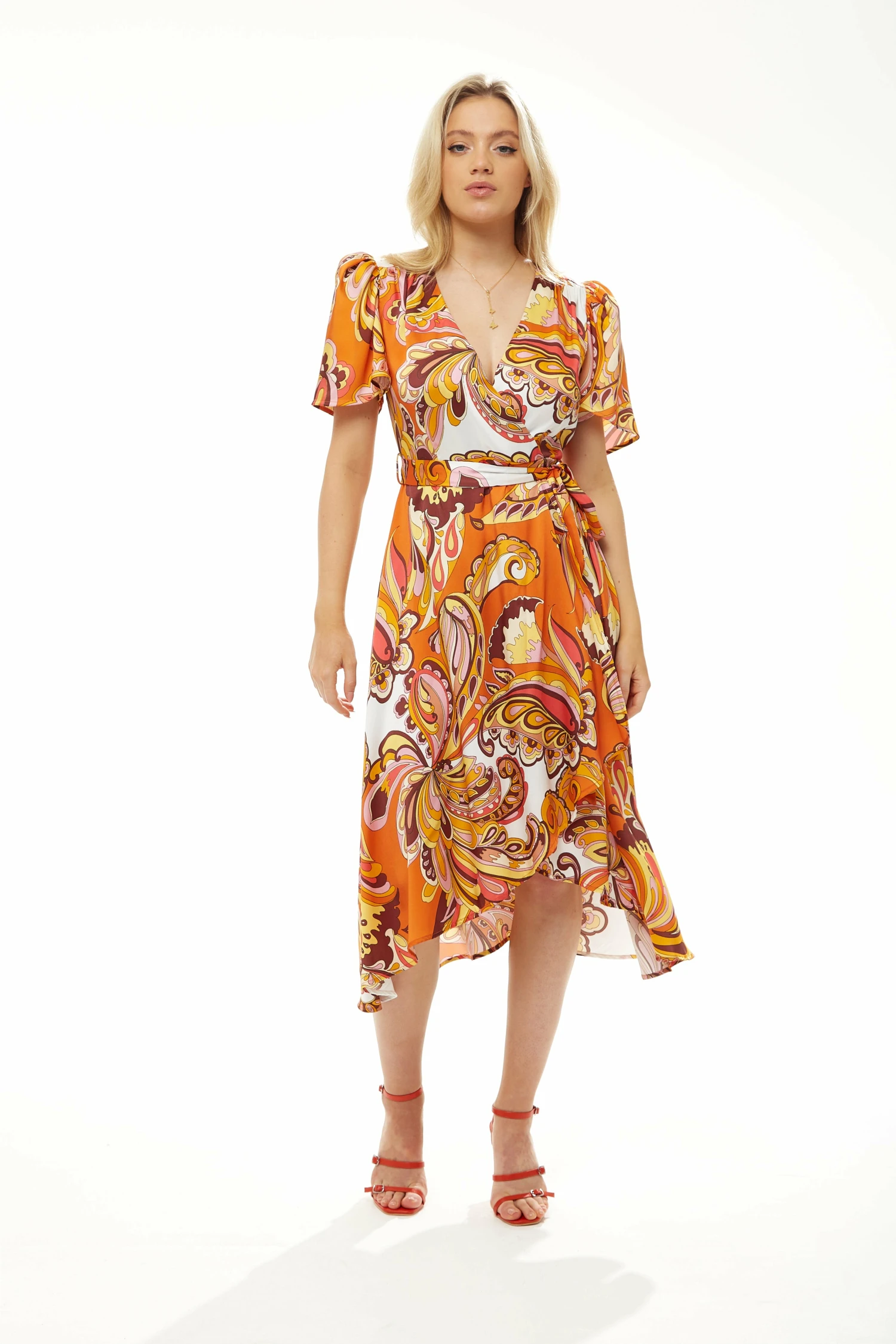 Liquorish Fake Wrap Midi Dress In Orange Floral 1 Liquorish Fake Wrap Midi Dress In Orange Floral