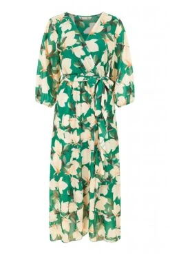 Yumi Green Blossom Wrap Midi Dress With 3/4 Sleeves -Liquosmi Store GBb0HpvN 14853