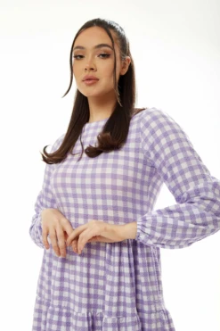 Liquorish Long Sleeves Gingham Midi Dress - Lilac White -Liquosmi Store GkcKxfCz 9798