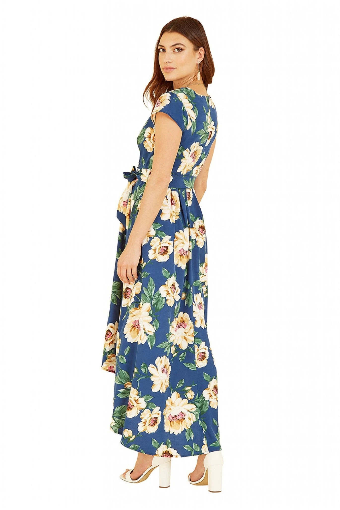 Mela London Blue Painted Floral Print Dipped Hem Wrap Dress 7 Mela London Blue Painted Floral Print Dipped Hem Wrap Dress - Image 7