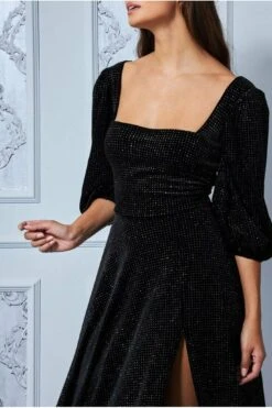 Goddiva Velvet Sparkle Midi Dress With Front Split - Black -Liquosmi Store HEmMi66a 7375