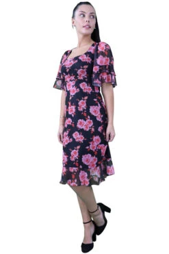 Signage Square Neck Hem Frill Sleeve Dress