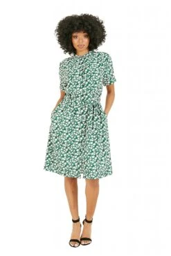 Yumi Green Ditsy Print Shirt Collar Dress
