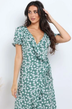 Lilura London Green Floral Print Frill Wrap Midi Dress 11 Lilura London Green Floral Print Frill Wrap Midi Dress -Liquosmi Store IOLEa9oE 10583