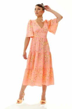 Liquorish Midi Abstract Animal Print Dress In Peach