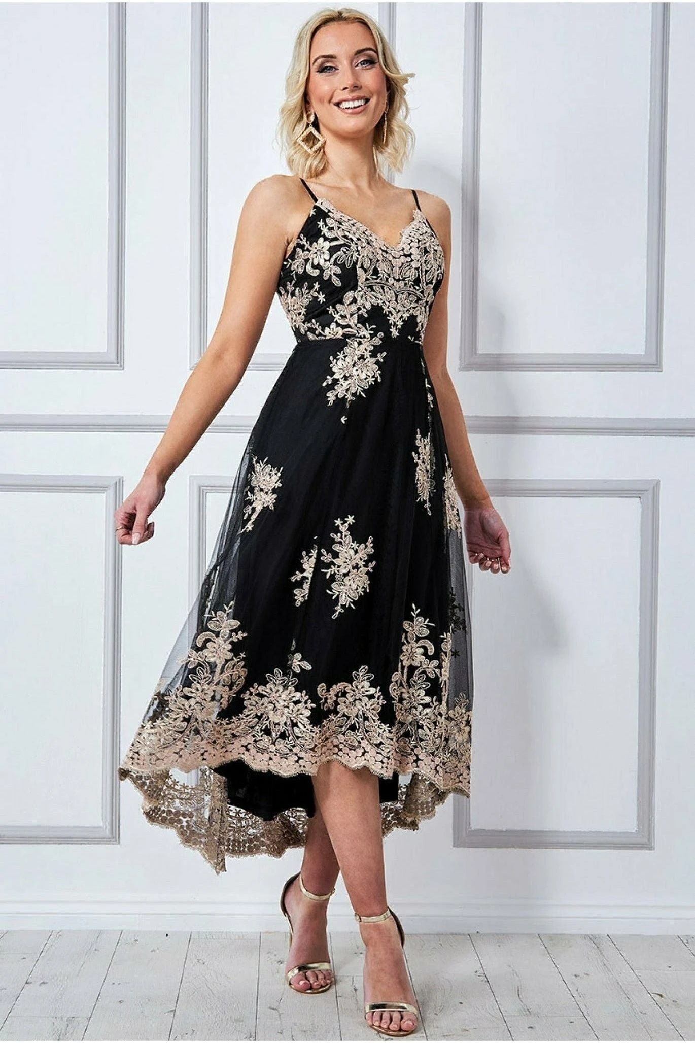 Goddiva High Low Scalloped Midi Dress - Black 1 Goddiva High Low Scalloped Midi Dress - Black