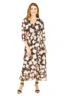 Yumi Black Blossom Wrap Midi Dress With 3/4 Sleeves -Liquosmi Store JORBg7LC 14852