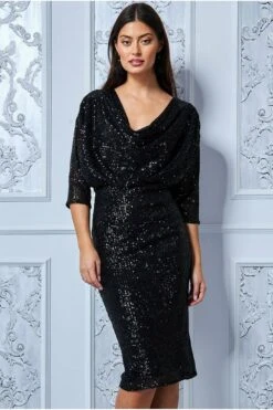 Goddiva Sequin Cowl Neck Midi Dress - Black -Liquosmi Store JiItiVMm 6786