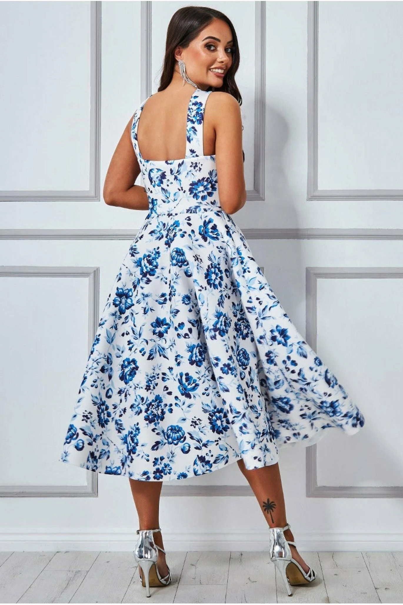 Goddiva Crossover Keyhole Midi Dress - Blue Print 2 Goddiva Crossover Keyhole Midi Dress - Blue Print - Image 2