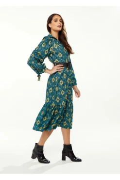 Liquorish African 3/4 Length Sleeve Greenyellownavy Midi -Liquosmi Store K2hoeKus 8352