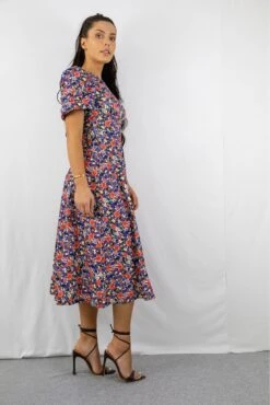 Signage Blue Floral Print Round Neck Puff Sleeve Midi Dress -Liquosmi Store L0R2spRg 15266