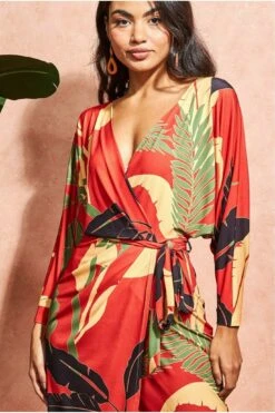 Goddiva Printed Batwing Wrap Midi Dress - Orange -Liquosmi Store L1xQ12Cz 10571