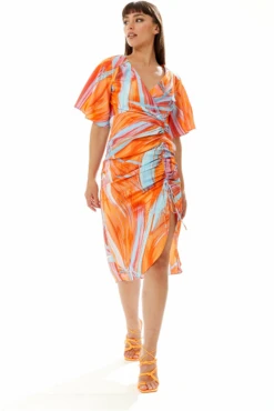 Liquorish Rouching Abstract Brush Stroke Print Midi Dress