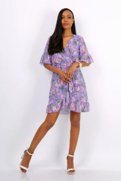 Lilura London Mini Wrap Dress With Frill Hem Purple Floral