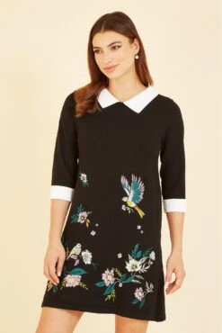 Yumi Bird And Floral Embroidered Knitted Peter Pan Dress -Liquosmi Store MBXYnnlf 13258