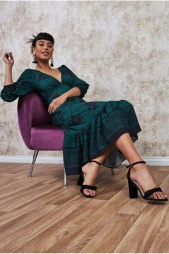 Goddiva Floral Print Puff Sleeve Midi Dress - Emerald Green -Liquosmi Store MFnxw5IV 5570