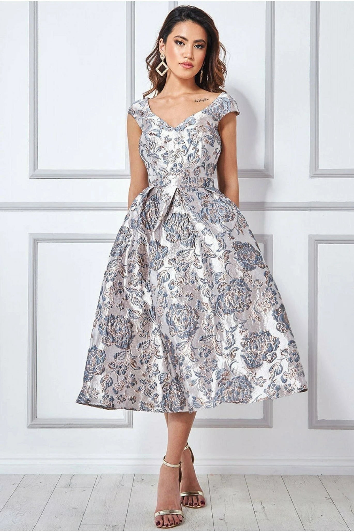 Goddiva Jacquard Off The Shoulder Midi Dress - Champagne 1 Goddiva Jacquard Off The Shoulder Midi Dress - Champagne