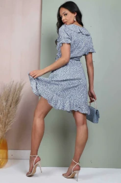 Lilura London Blue Floral Frill Wrap Mini Dress -Liquosmi Store NAo7IZMi 10589