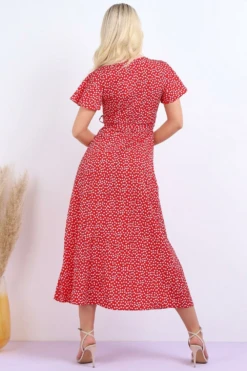 Lilura London Wrap Front Split Leg Maxi Dress Red Daisy Dot -Liquosmi Store NILeg3ZX 10615