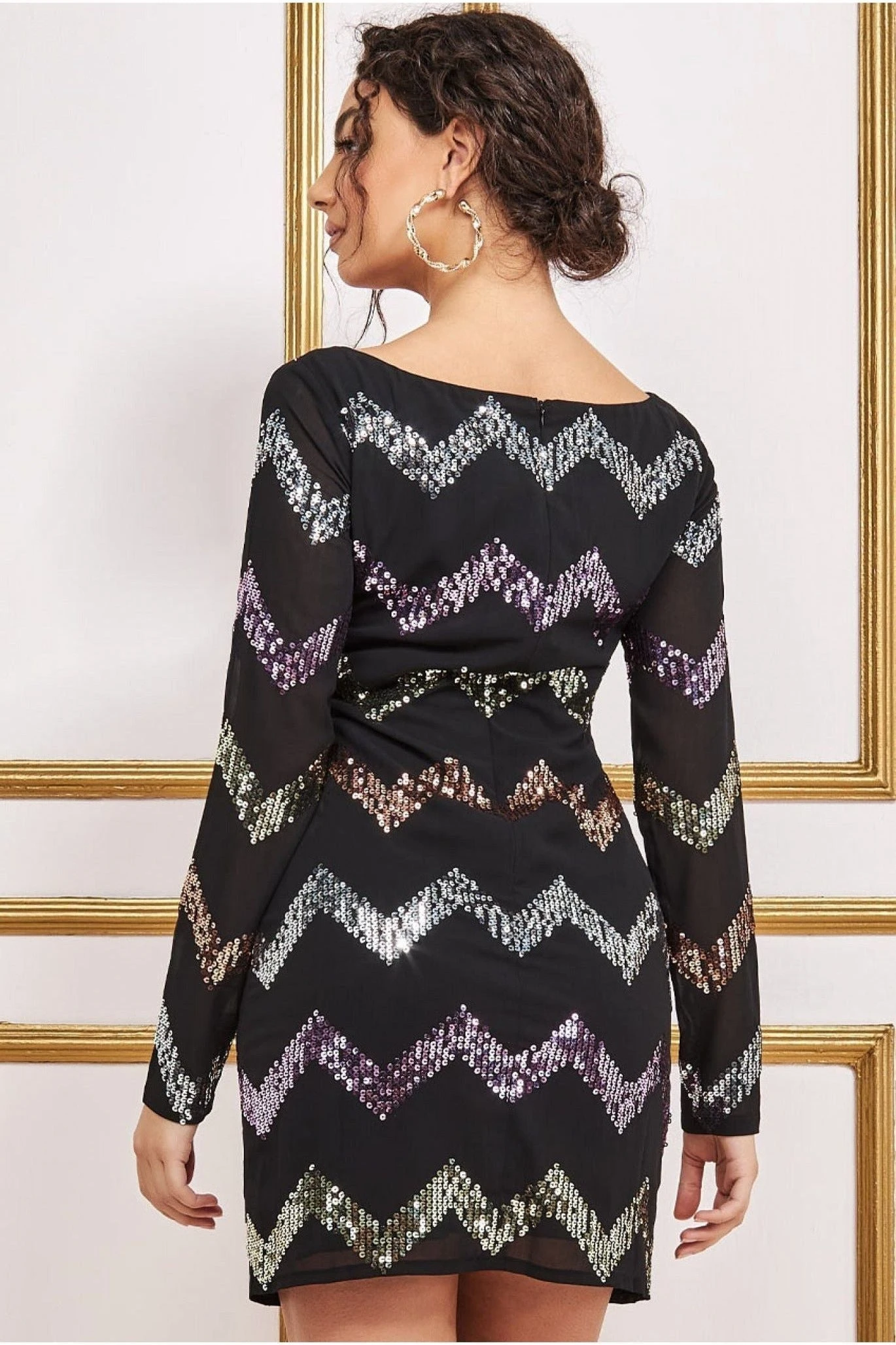 Goddiva Sequin Zig Zag Shift Mini Dress - Black 2 Goddiva Sequin Zig Zag Shift Mini Dress - Black - Image 2