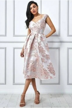 Goddiva Jacquard Off The Shoulder Midi Dress - Blush 6 Goddiva Jacquard Off The Shoulder Midi Dress - Blush -Liquosmi Store Nyr4YTbr 9177