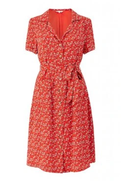 Yumi Red Ditsy Leaf Print Retro Shirt Dress -Liquosmi Store Nz1JirvN 13968