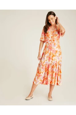 Dusty Pink Floral Midi Buttoned Up Neck Dress | Pink