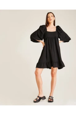 Dusty Pink Ruched Sleeve Smock Dress | Black