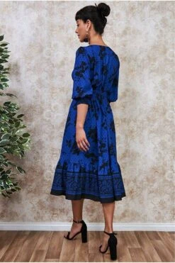 Goddiva Floral Print Puff Sleeve Midi Dress - Royalblue -Liquosmi Store QOXNGKO5 5571