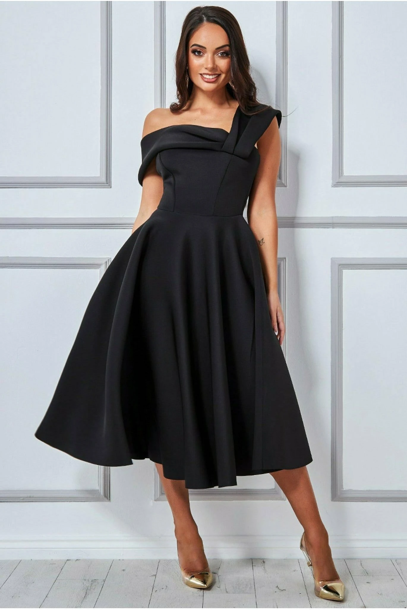 Goddiva Scuba Foam One Shoulder Midi Dress - Black 1 Goddiva Scuba Foam One Shoulder Midi Dress - Black