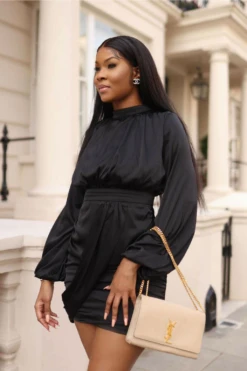 Setsofran London Black Satin Blouson Dress -Liquosmi Store QqVP9KWM 11272