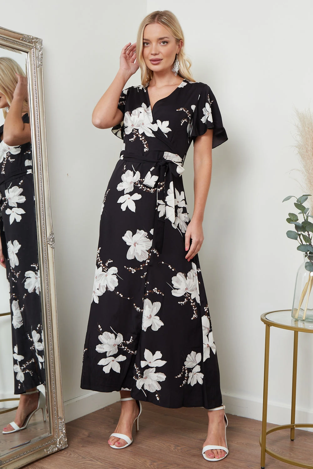 Lilura London Wrap Front Maxi Dress In Black Floral Print 1 Lilura London Wrap Front Maxi Dress In Black Floral Print