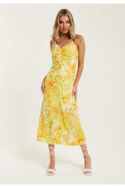 Liquorish Yellow And Orange Floral Print Ruched Maxi Dress -Liquosmi Store RS6zq4Ea 15652
