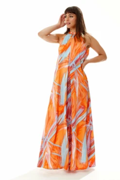 Liquorish Maxi Abstract Print Dress With A High Neck Orange