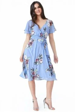 Goddiva Floral Print Midi With Flutter Sleeves - Powder Blue