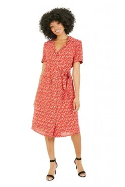 Yumi Red Ditsy Leaf Print Retro Shirt Dress