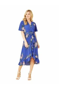 Mela London Blue Floral Dip Hem Wrap Midi Dress -Liquosmi Store SEaOEpv0 15762