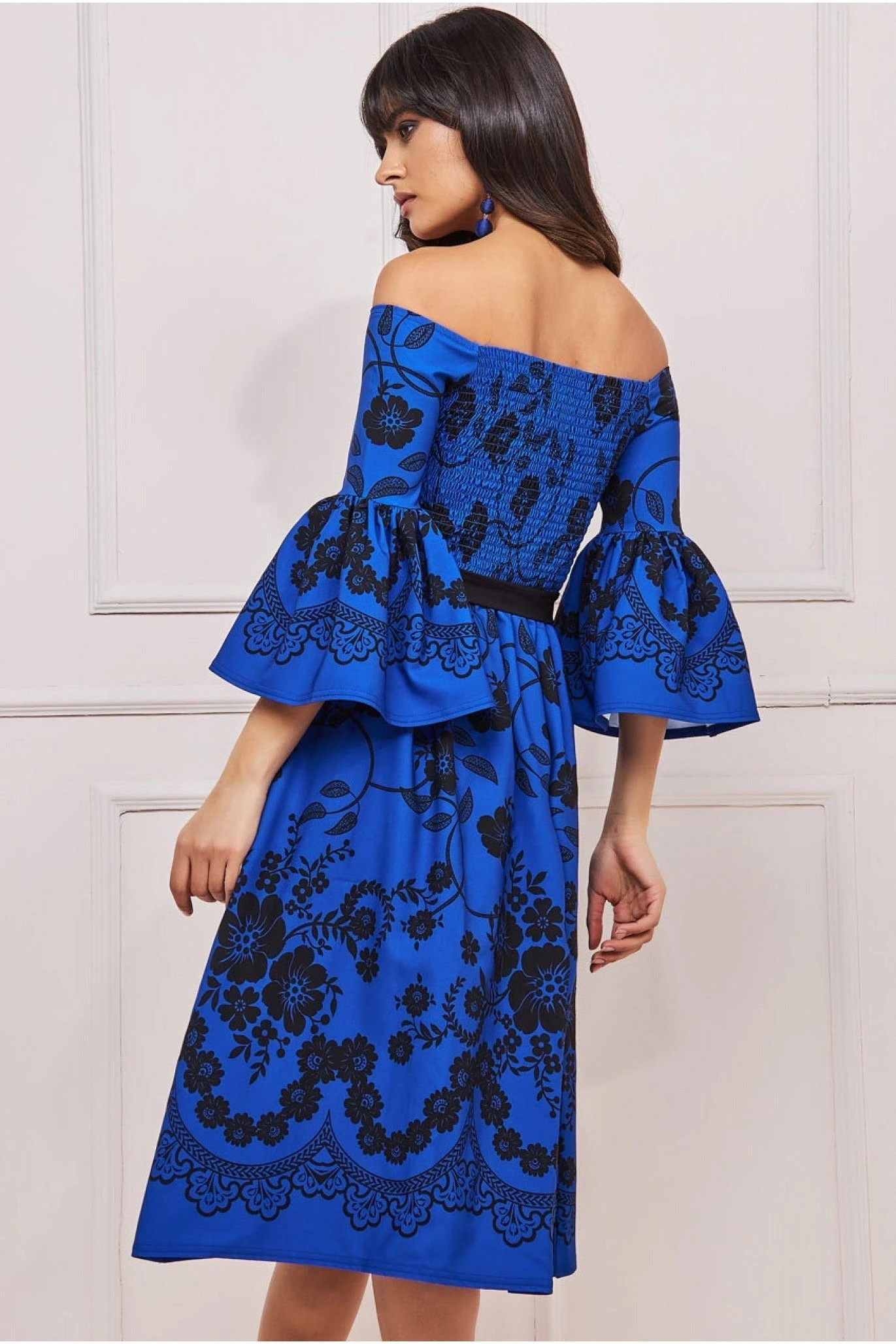Goddiva Printed Off The Shoulder Midi Dress - Royalblue 2 Goddiva Printed Off The Shoulder Midi Dress - Royalblue - Image 2