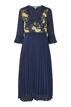 Yumi Navy Embroidered Floral Pleated Midi Dress -Liquosmi Store SRmJjrbE 14782