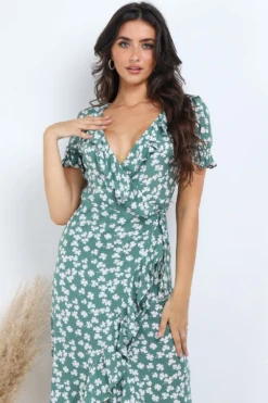 Lilura London Green Floral Print Frill Wrap Midi Dress 10 Lilura London Green Floral Print Frill Wrap Midi Dress -Liquosmi Store ShbVANzN 10583