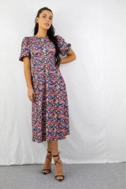 Signage Blue Floral Print Round Neck Puff Sleeve Midi Dress -Liquosmi Store SrAlxK6N 15266