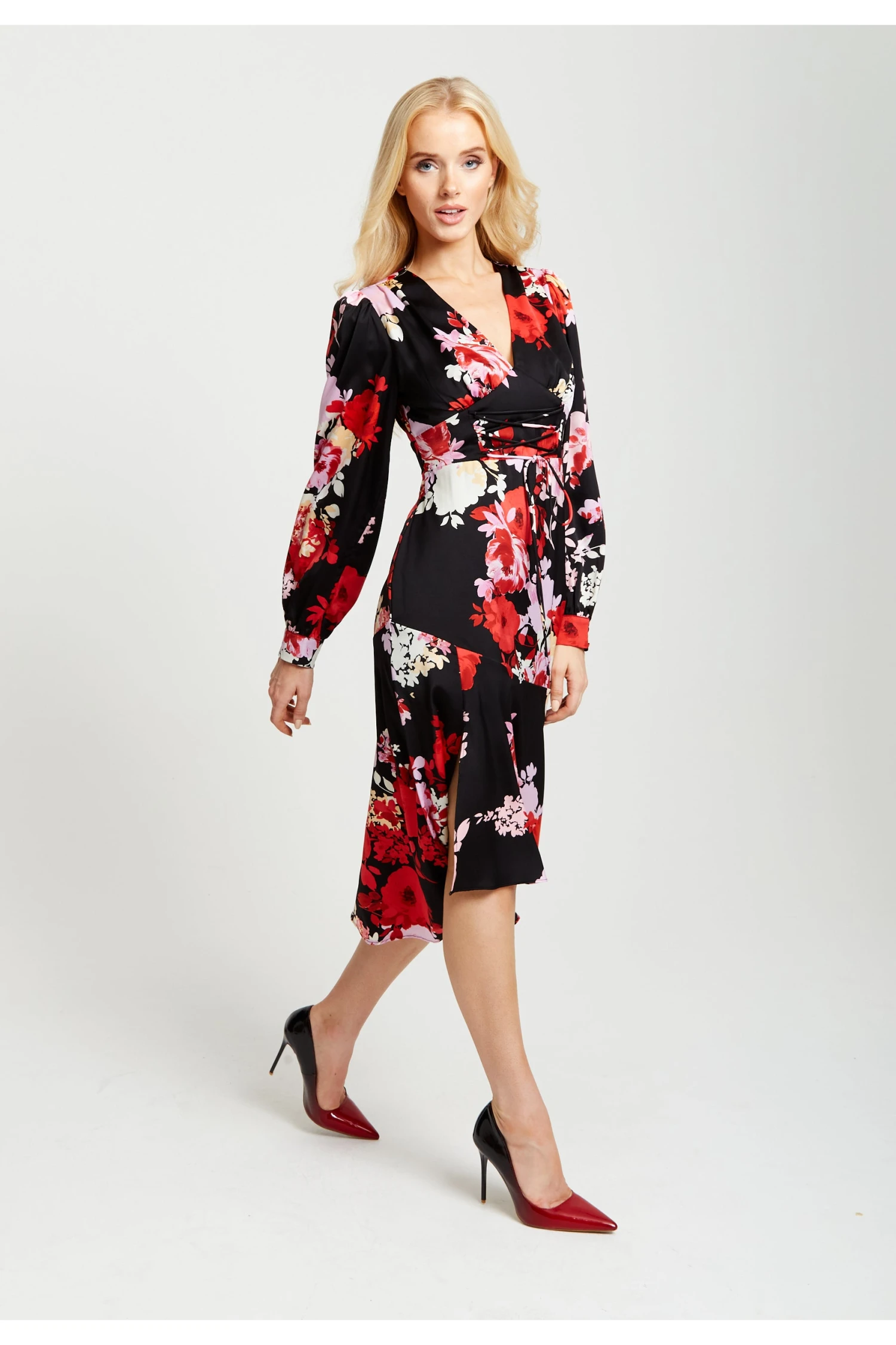 Liquorish Rose Print Midi Lace Up Dress In Red And Pink 3 Liquorish Rose Print Midi Lace Up Dress In Red And Pink - Image 3