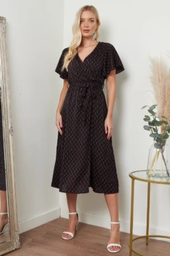 Lilura London Angel Sleeves Midi Wrap Dress In Black Floral -Liquosmi Store UAsKQZhP 15698