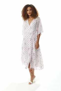 Liquorish Pink Floral Polka Dot Print Midi Wrap Dress White