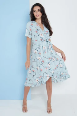 Lilura London Floral Frill Midi Wrap Dress In Blue -Liquosmi Store UNAr9rsr 15707
